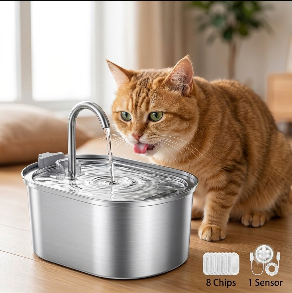 3.2L Stainless Steel Automatic Cat Fountain (Includes Motion Sensor & 8x Filters)