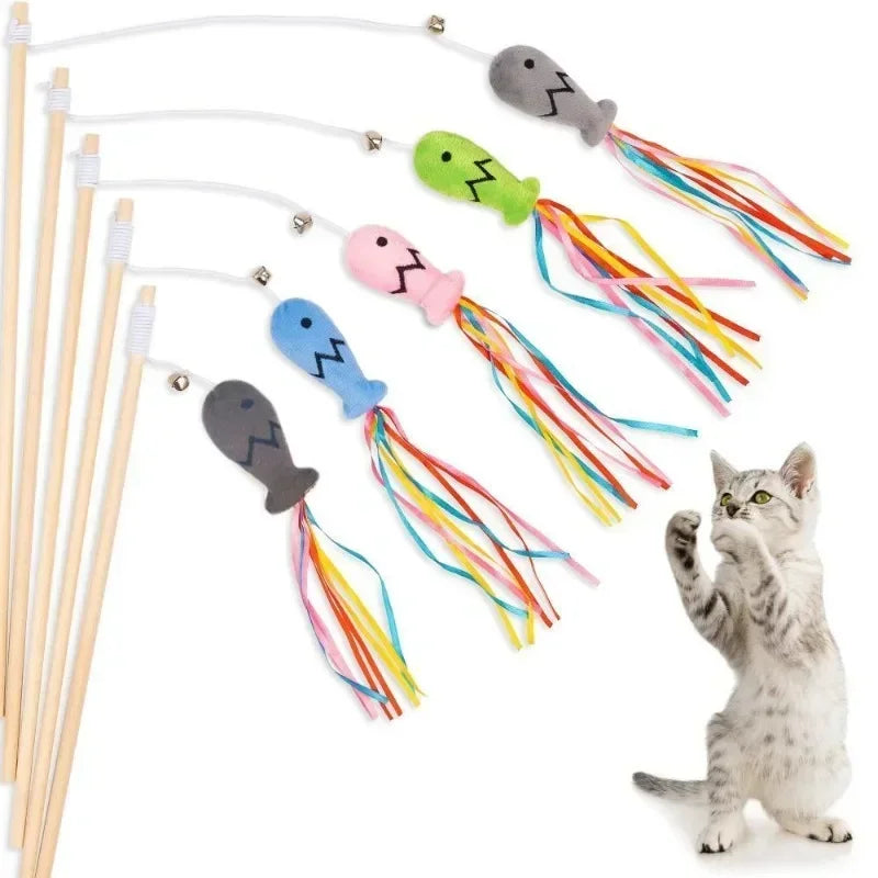 Natural Wooden 3-in-1 Cat Teaser Wand with Organic Catnip & Sensory Ribbons