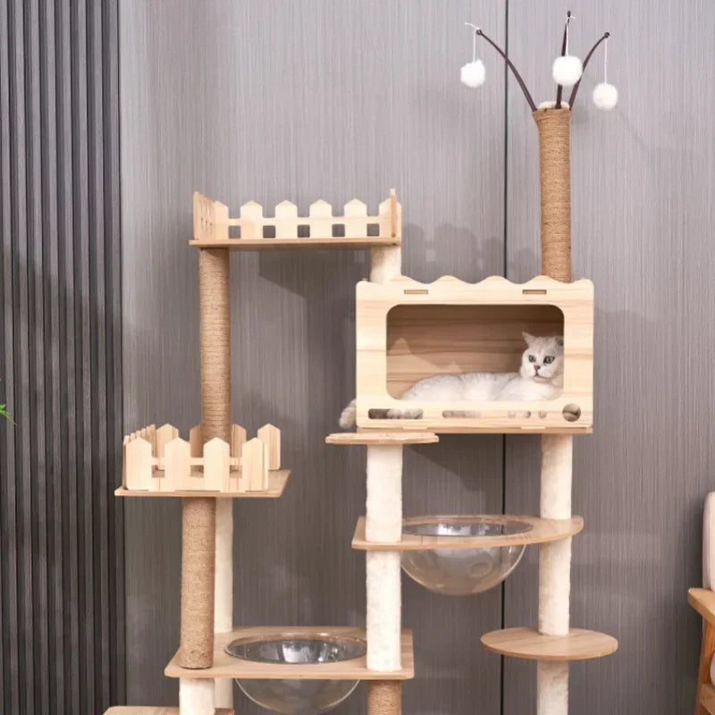 Modern Wooden Cat Tree Tower with Clear View Space Pod & Cozy Dual Condos