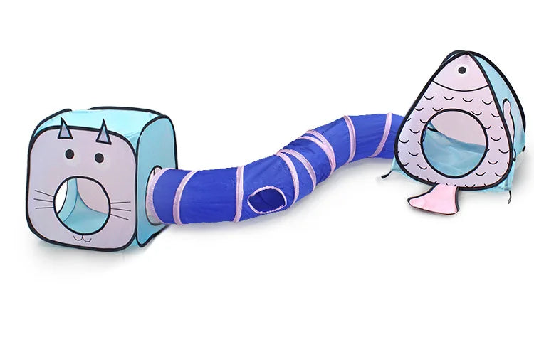 3-in-1 Cartoon Cat & Fish Adventure Tunnel Fort Outdoor
