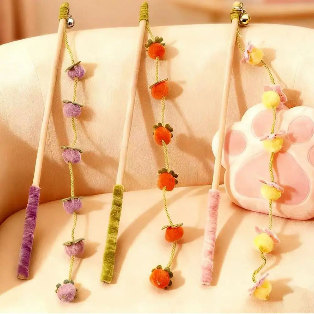 Premium 15.7-Inch Wooden Fruit-Shaped Cat Teaser Wand with Ergonomic Anti-Slip Grip