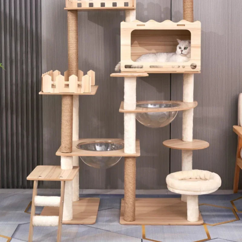 Modern Wooden Cat Tree Tower with Clear View Space Pod & Cozy Dual Condos