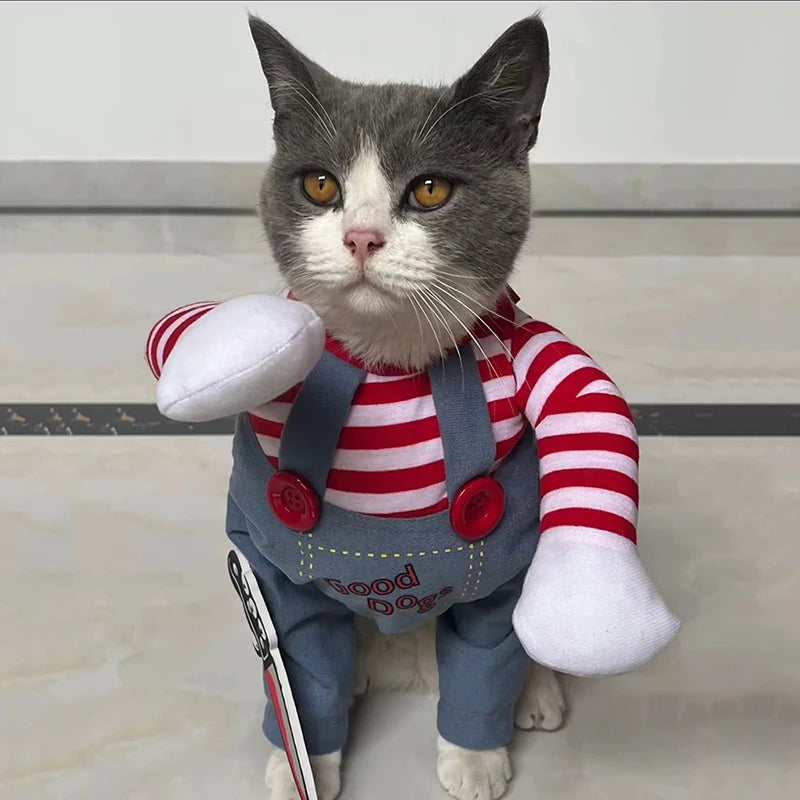 Funny Novelty Cat Halloween Chucky Cosplay Costume - Creative 3D Party Jumpsuit with Foam Prop