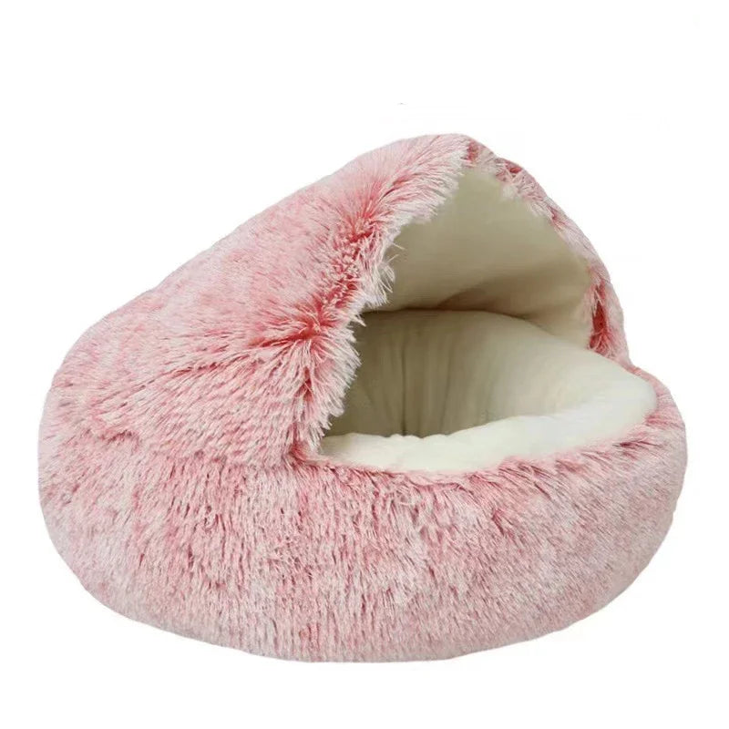 2-in-1 Hooded Plush Soothing Cat Bed | Anti-Anxiety Covered Nest & Cave Sleeping Bag