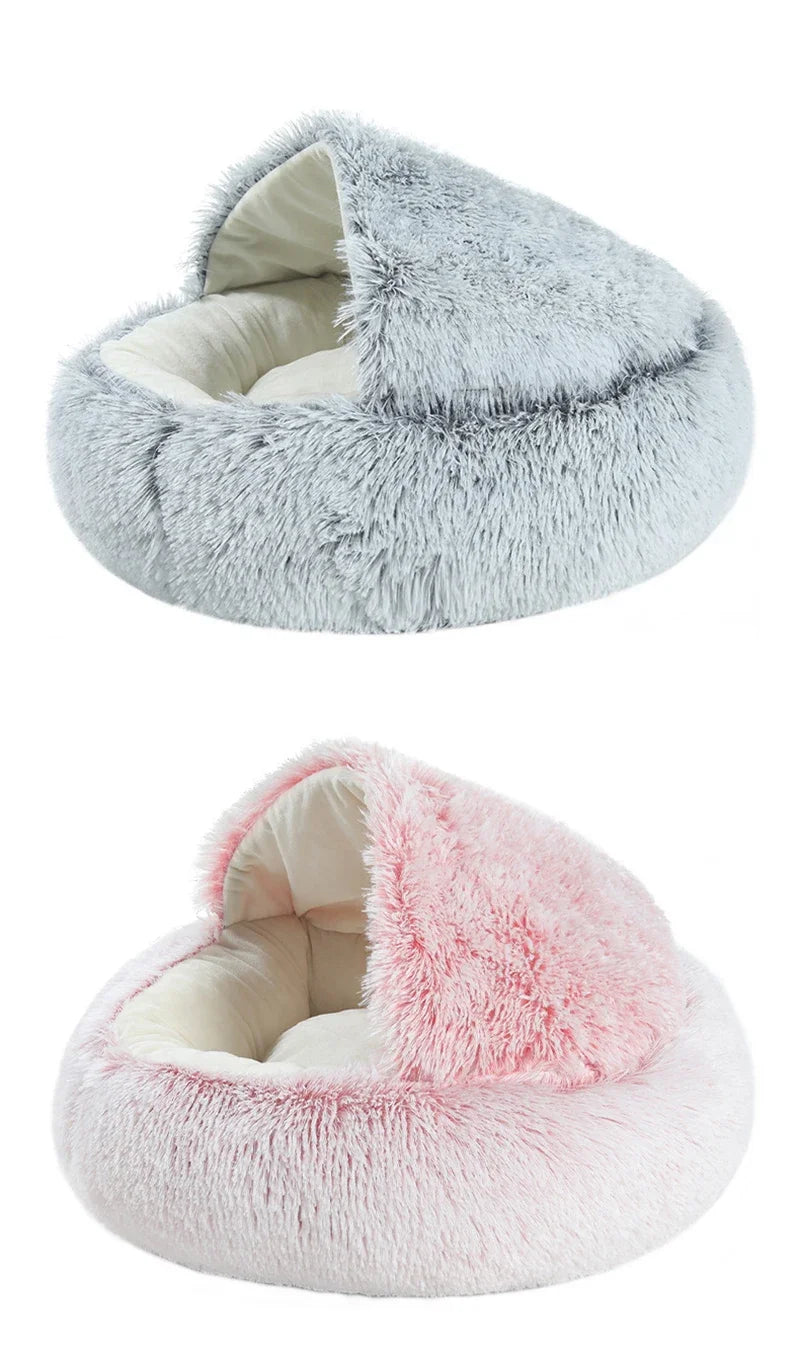 2-in-1 Hooded Plush Soothing Cat Bed | Anti-Anxiety Covered Nest & Cave Sleeping Bag
