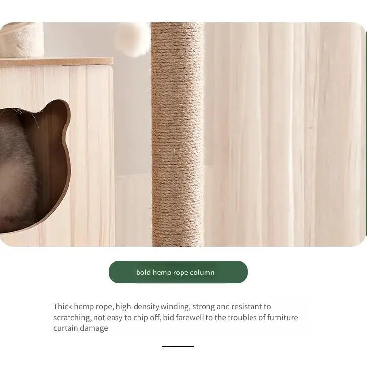 Modern Wooden Cat Tree Tower with Clear View Space Pod & Cozy Dual Condos