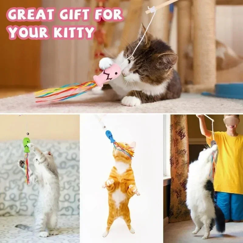 Natural Wooden 3-in-1 Cat Teaser Wand with Organic Catnip & Sensory Ribbons