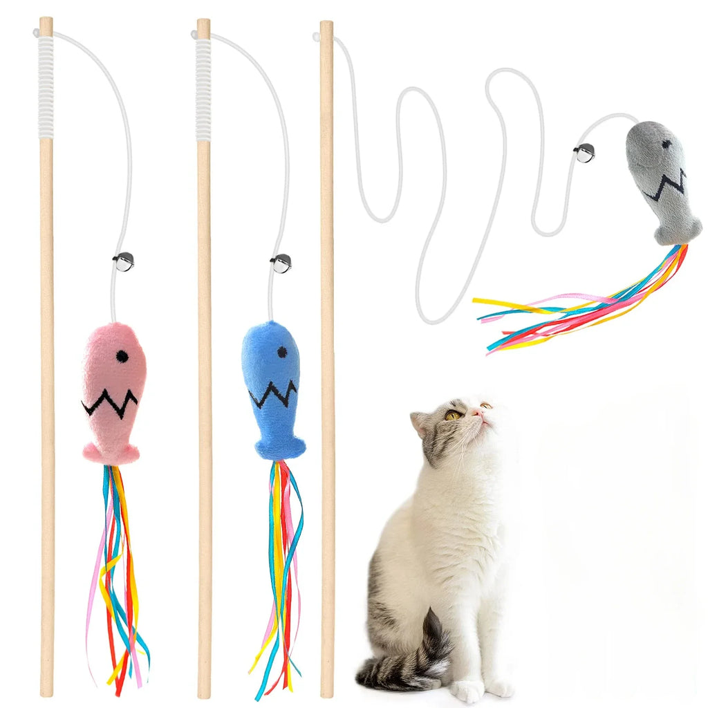 Natural Wooden 3-in-1 Cat Teaser Wand with Organic Catnip & Sensory Ribbons