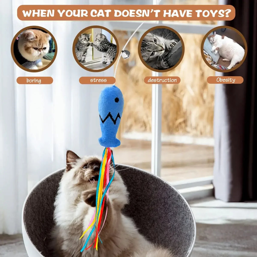 Natural Wooden 3-in-1 Cat Teaser Wand with Organic Catnip & Sensory Ribbons
