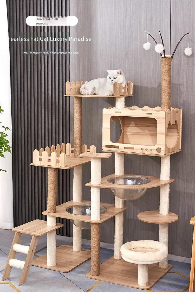 Modern Wooden Cat Tree Tower with Clear View Space Pod & Cozy Dual Condos