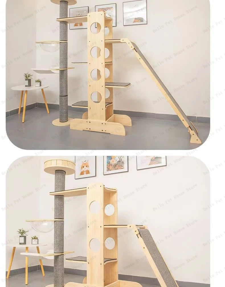 Deluxe 4-Tier Solid Wood Cat Castle Tower & Multifunctional Hammock Sanctuary