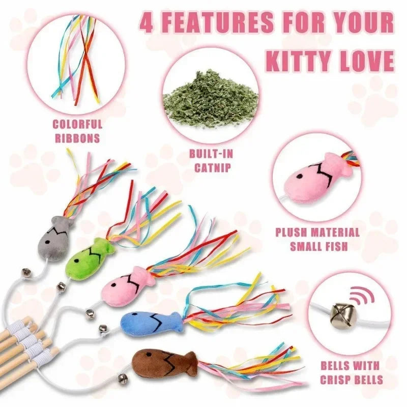 Natural Wooden 3-in-1 Cat Teaser Wand with Organic Catnip & Sensory Ribbons