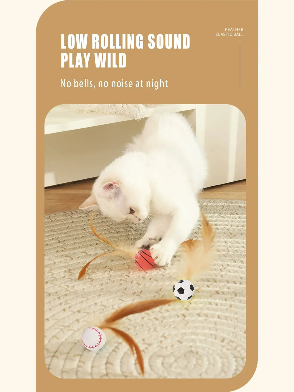 Elastic Silicone Bouncy Ball with Feathers Cat Toy