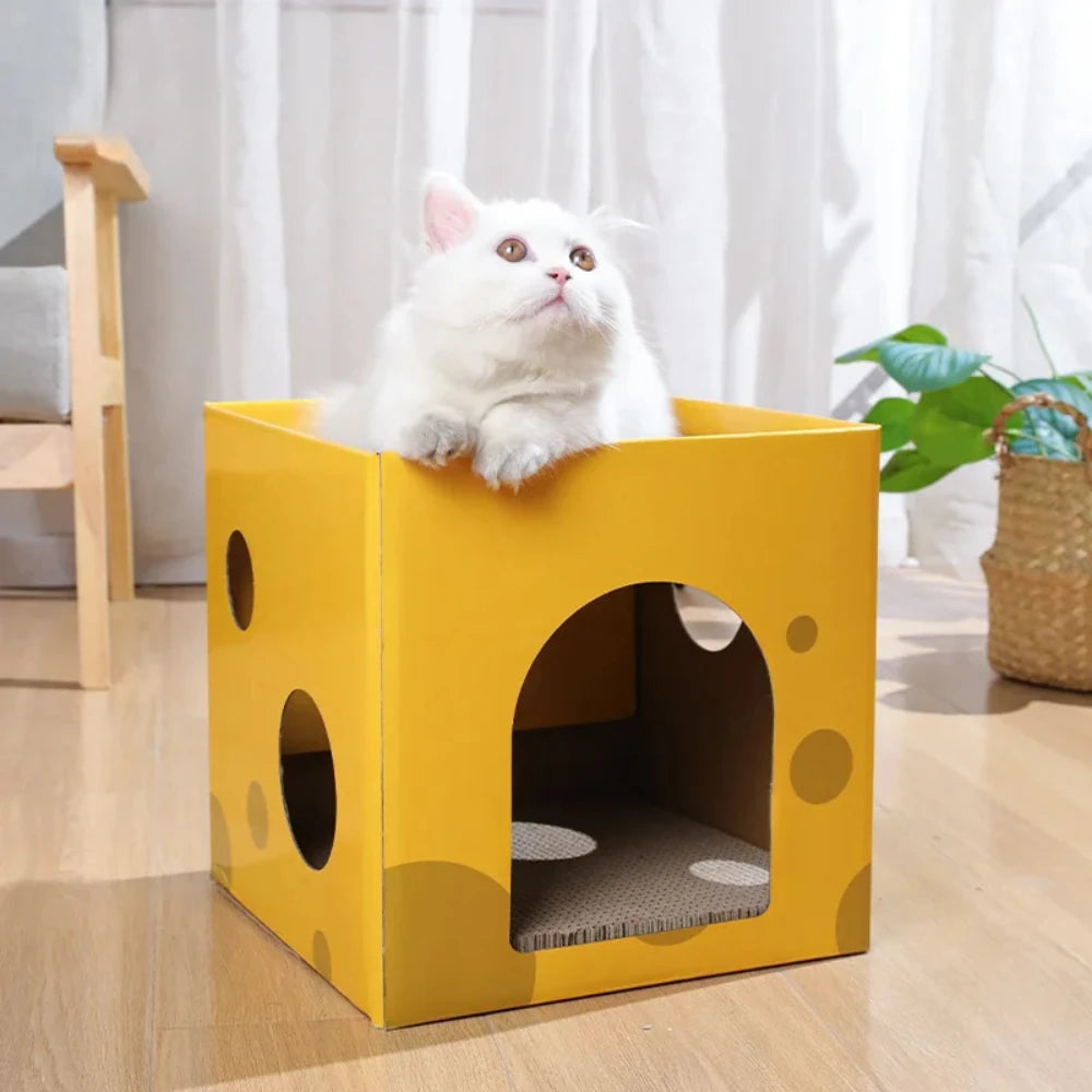 Double-Layer Pine Wood & Cardboard Cat House Scratcher