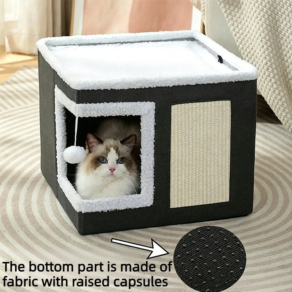 3-in-1 Foldable Cat Bed Condo with Scratching Board