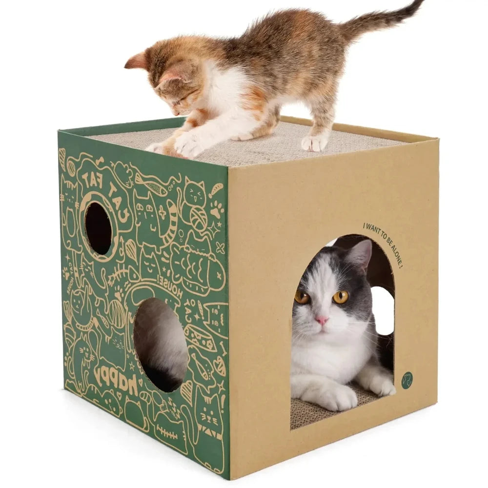 Double-Layer Pine Wood & Cardboard Cat House Scratcher