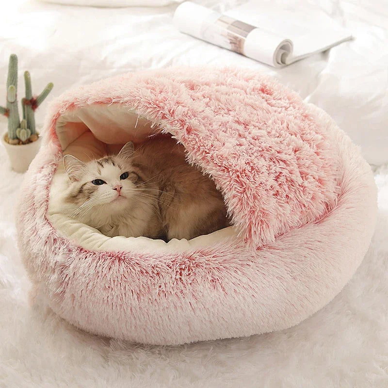 2-in-1 Hooded Plush Soothing Cat Bed | Anti-Anxiety Covered Nest & Cave Sleeping Bag