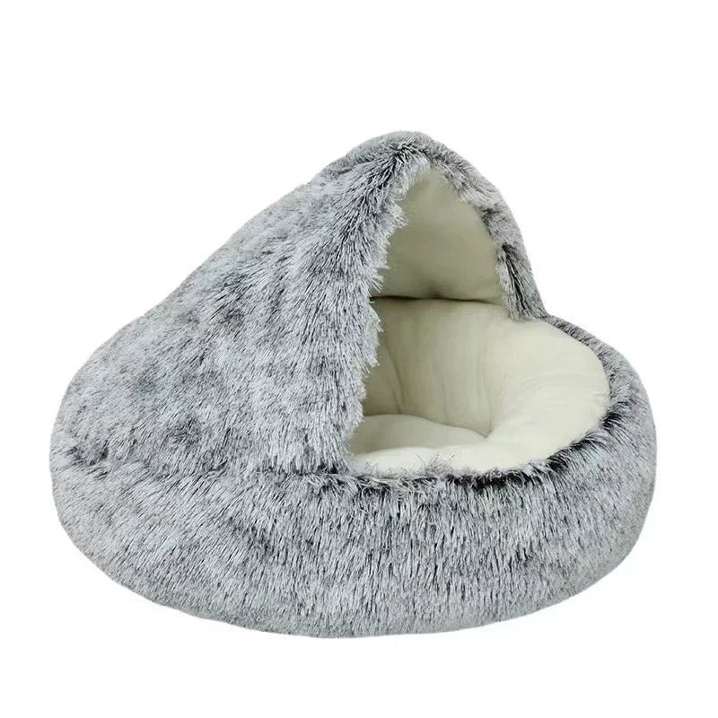 2-in-1 Hooded Plush Soothing Cat Bed | Anti-Anxiety Covered Nest & Cave Sleeping Bag