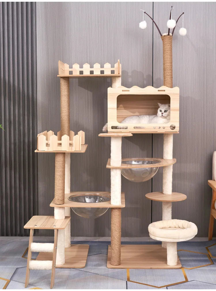 Modern Wooden Cat Tree Tower with Clear View Space Pod & Cozy Dual Condos