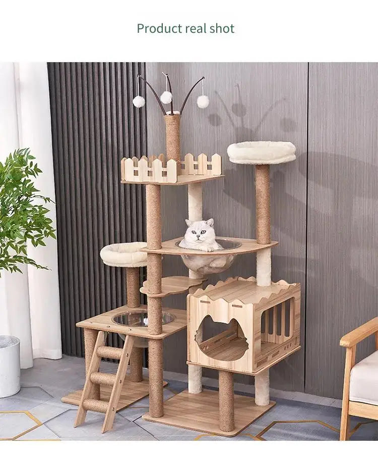 Modern Wooden Cat Tree Tower with Clear View Space Pod & Cozy Dual Condos