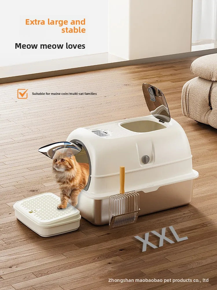 Enclosed Stainless Steel Luxury Cat Litter Box | Anti-Splash Odor-Free XL Kitty Toilet