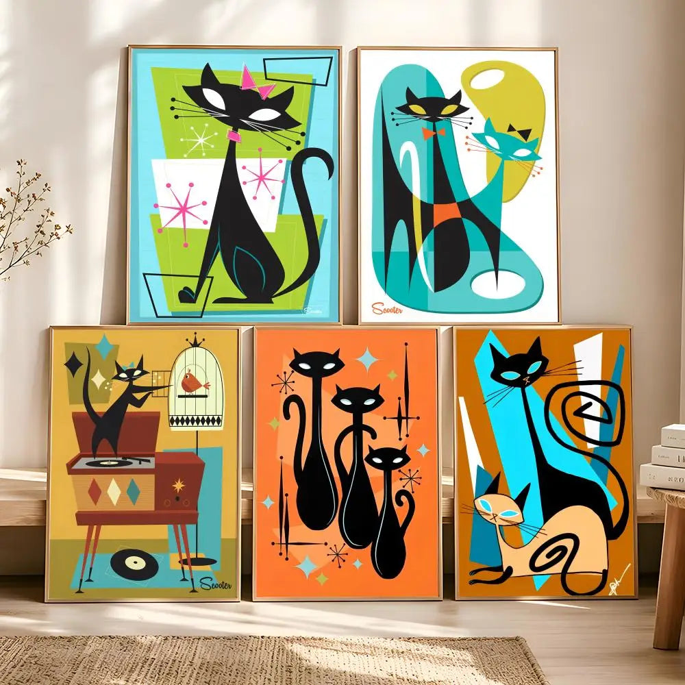 Retro 70s Feline Medieval Modern Peel & Stick Art Poster