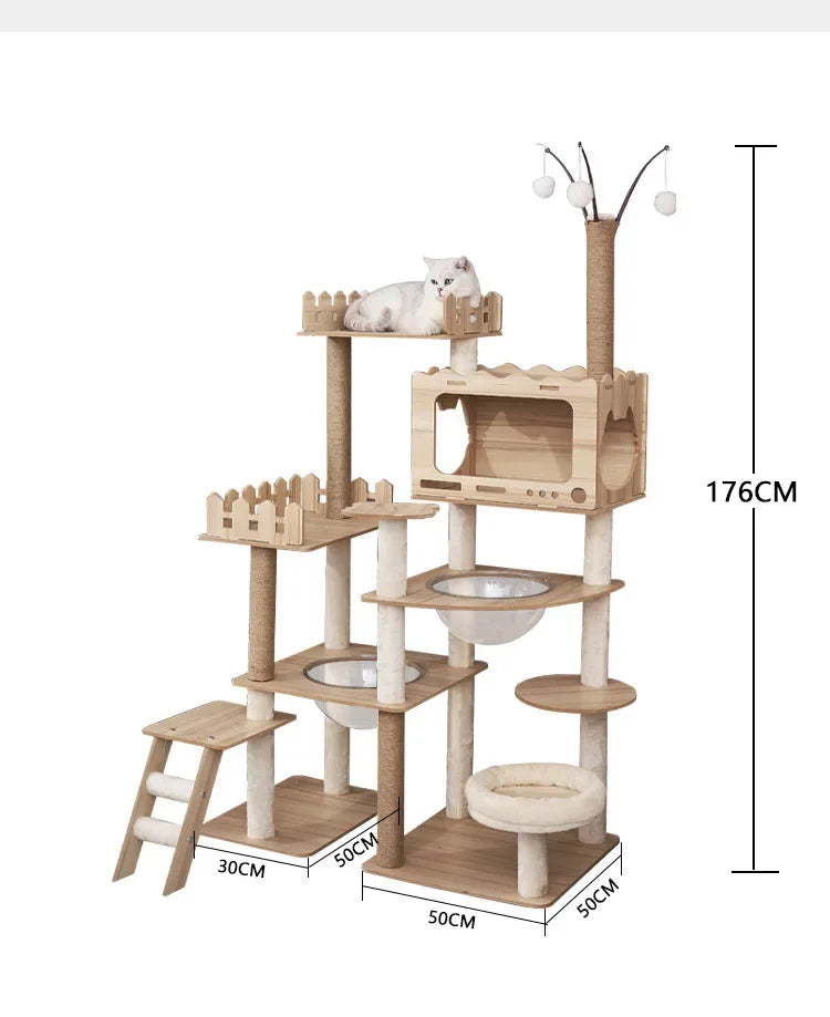 Modern Wooden Cat Tree Tower with Clear View Space Pod & Cozy Dual Condos