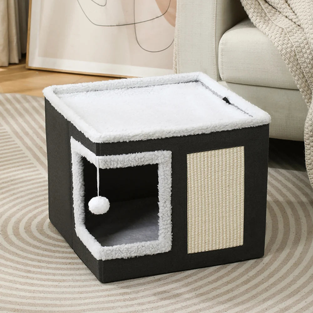 3-in-1 Foldable Cat Bed Condo with Scratching Board