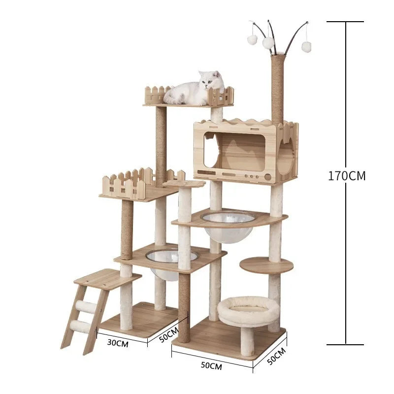 Modern Wooden Cat Tree Tower with Clear View Space Pod & Cozy Dual Condos
