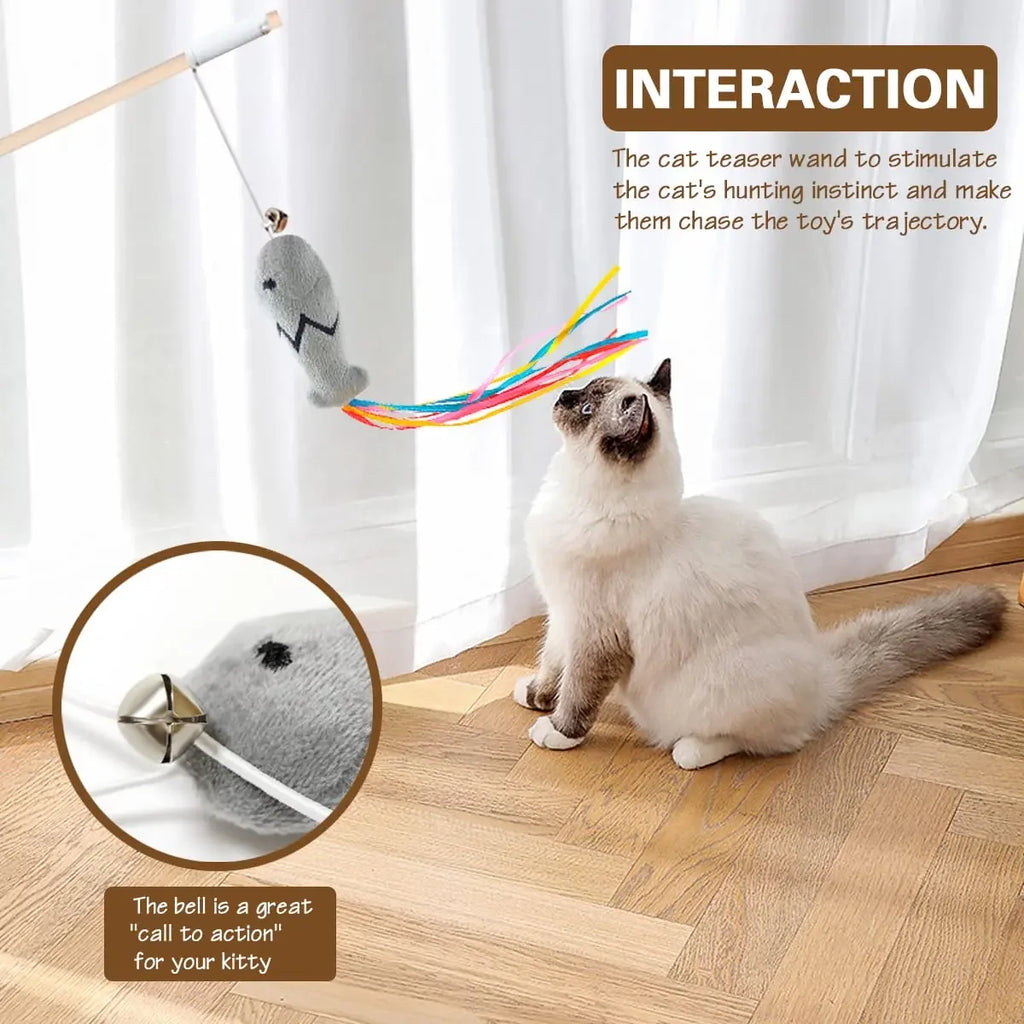 Natural Wooden 3-in-1 Cat Teaser Wand with Organic Catnip & Sensory Ribbons