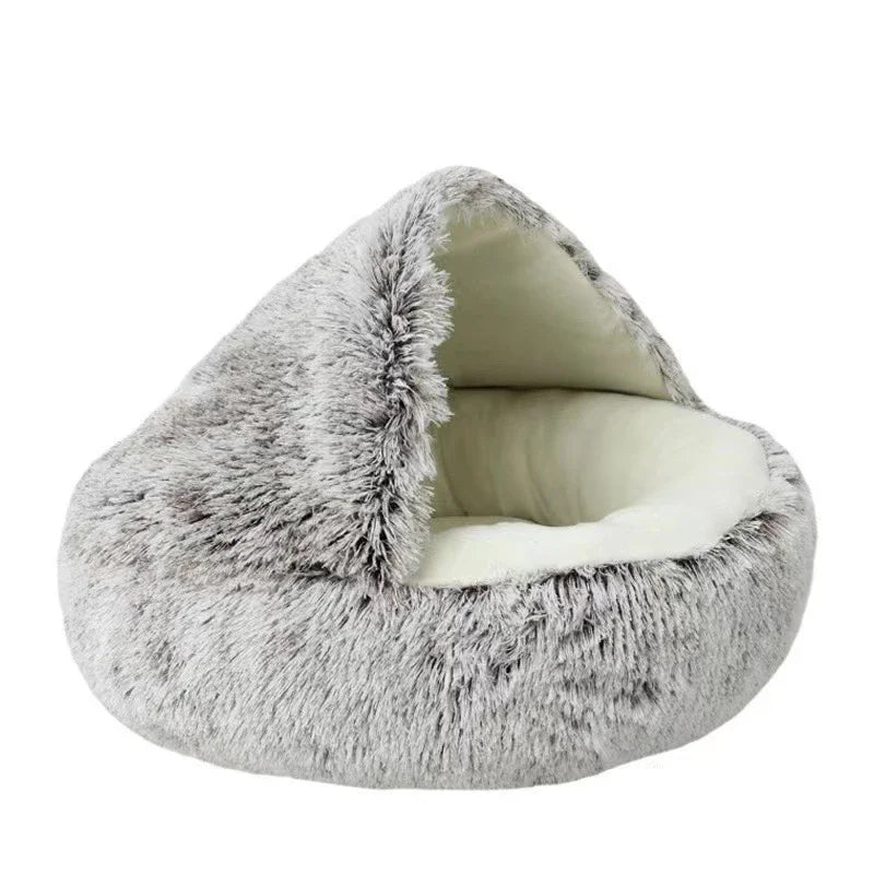 2-in-1 Hooded Plush Soothing Cat Bed | Anti-Anxiety Covered Nest & Cave Sleeping Bag