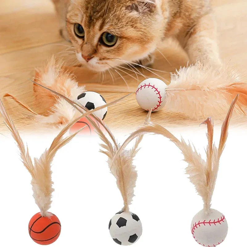 Elastic Silicone Bouncy Ball with Feathers Cat Toy