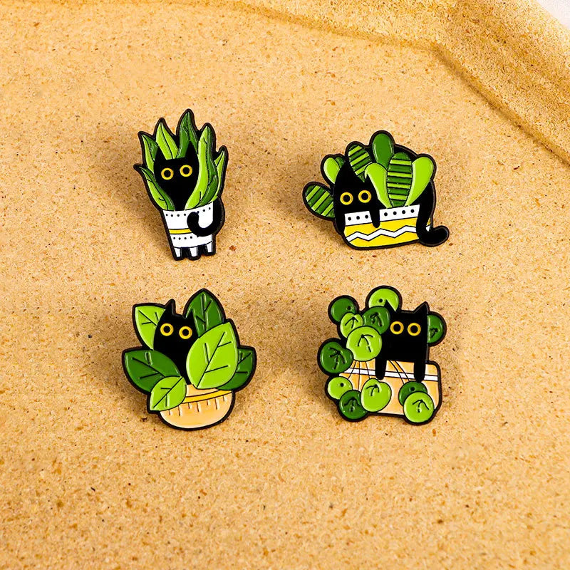 Botanical Peek-a-Boo Black Cats in Plants Enamel Pins