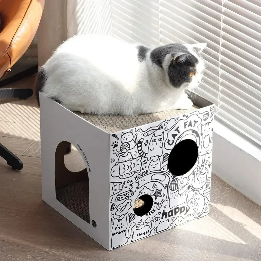 Double-Layer Pine Wood & Cardboard Cat House Scratcher