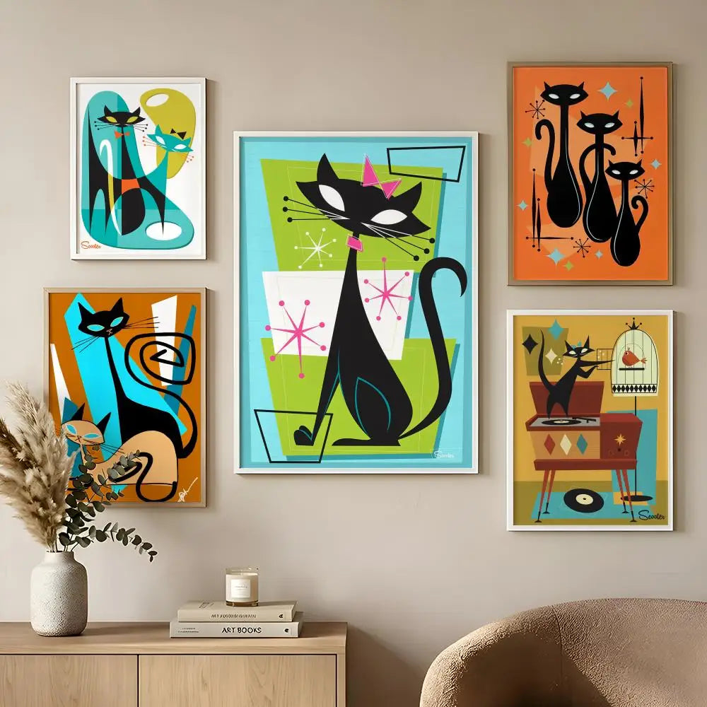 Retro 70s Feline Medieval Modern Peel & Stick Art Poster