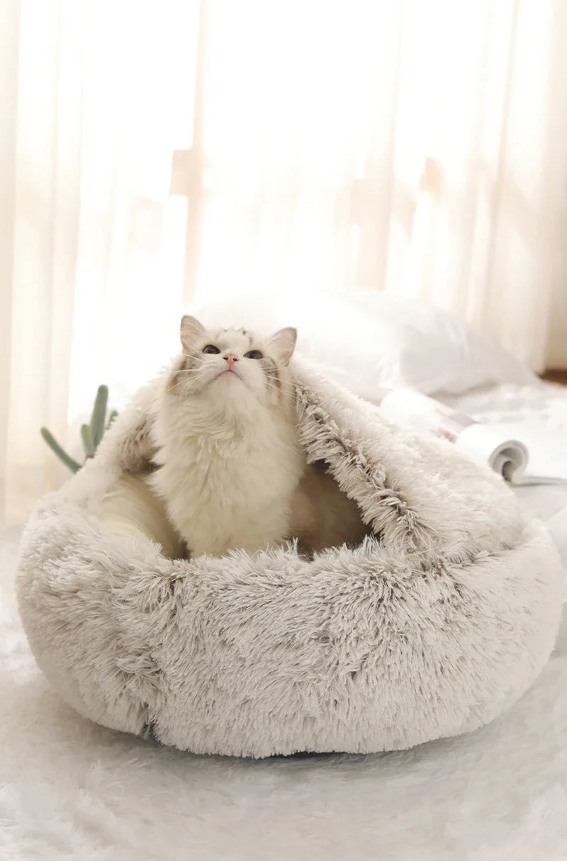 2-in-1 Hooded Plush Soothing Cat Bed | Anti-Anxiety Covered Nest & Cave Sleeping Bag