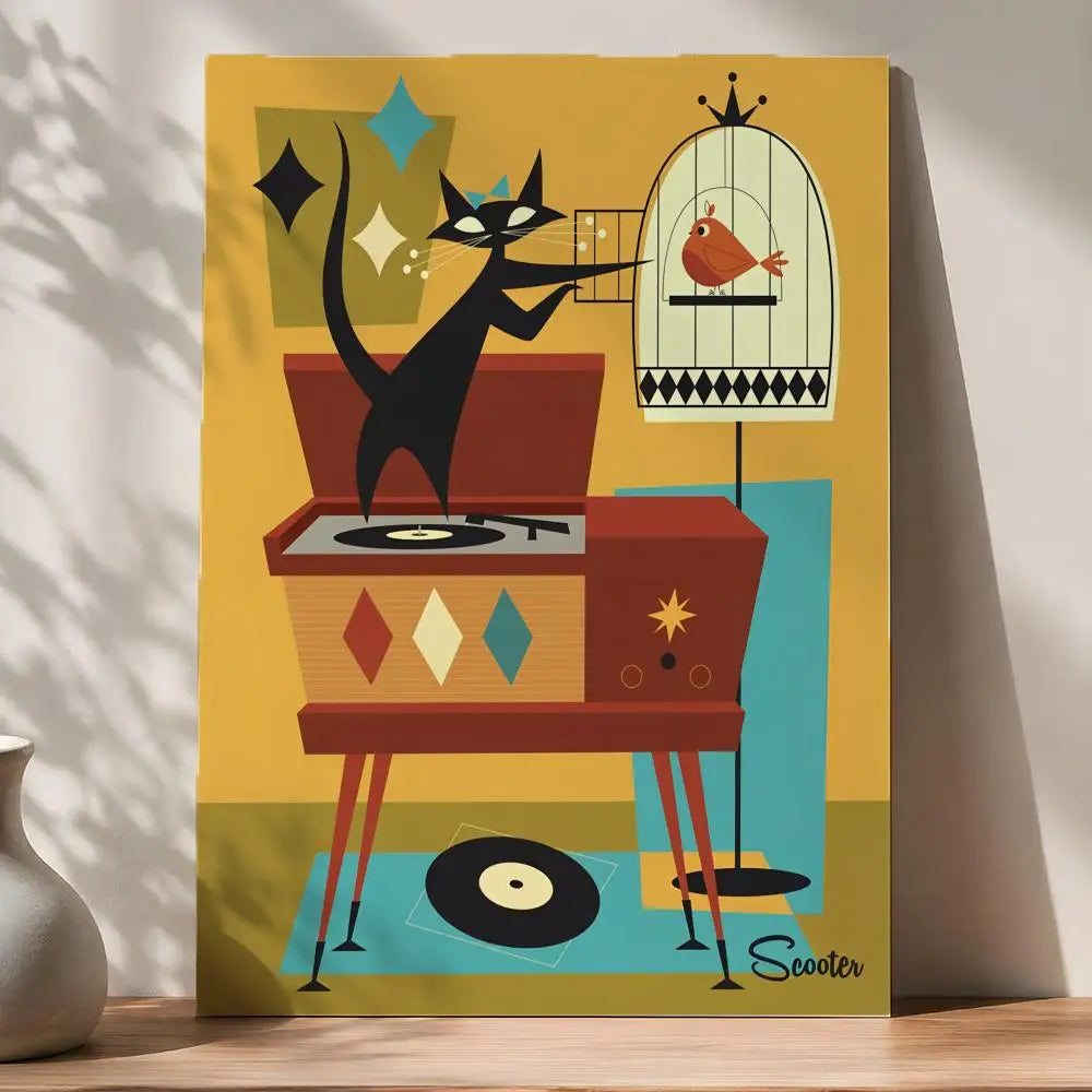 Retro 70s Feline Medieval Modern Peel & Stick Art Poster