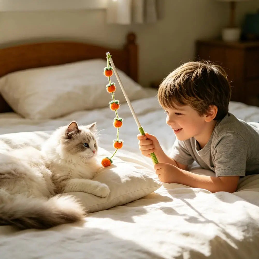 Premium 15.7-Inch Wooden Fruit-Shaped Cat Teaser Wand with Ergonomic Anti-Slip Grip