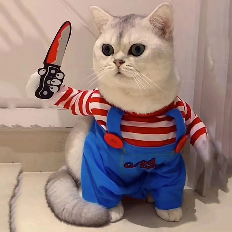 Funny Novelty Cat Halloween Chucky Cosplay Costume - Creative 3D Party Jumpsuit with Foam Prop