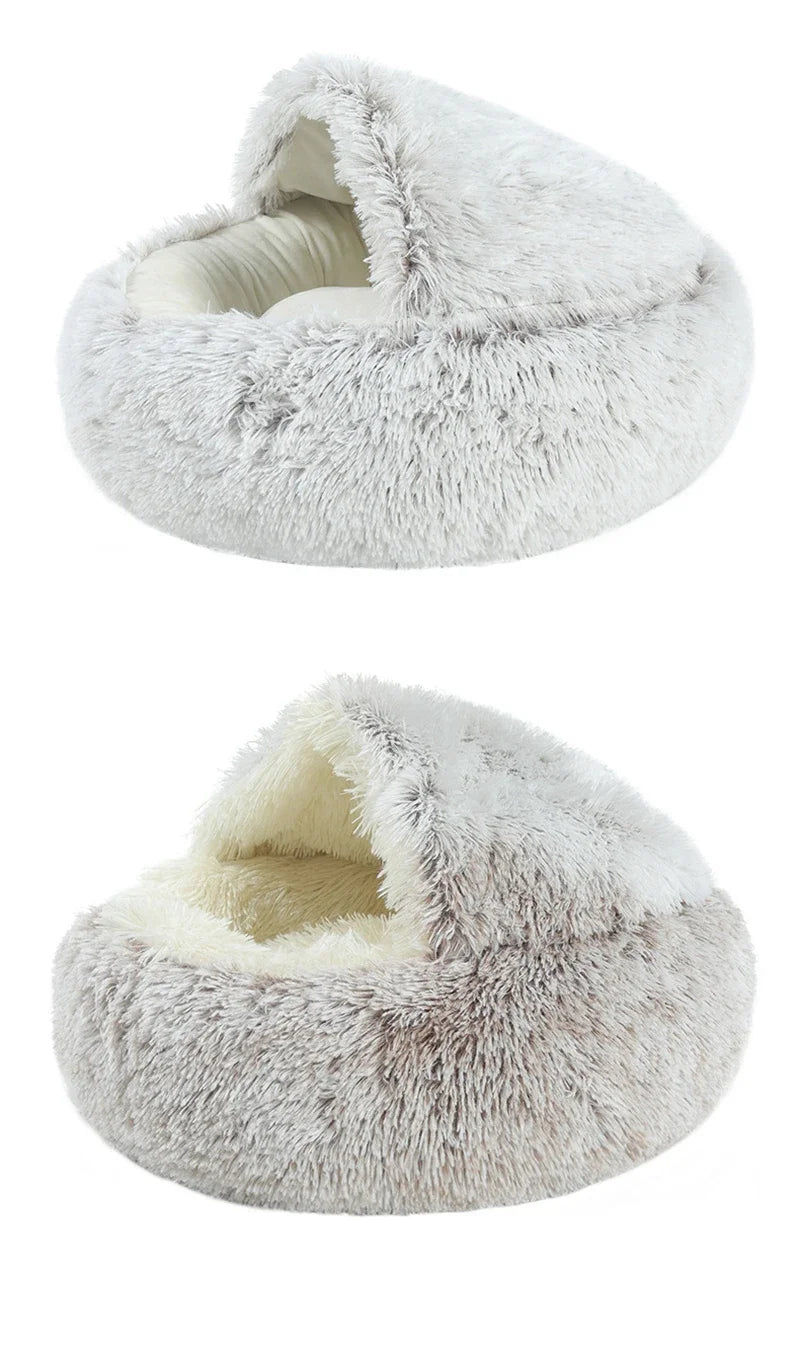2-in-1 Hooded Plush Soothing Cat Bed | Anti-Anxiety Covered Nest & Cave Sleeping Bag