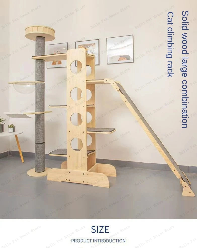Deluxe 4-Tier Solid Wood Cat Castle Tower & Multifunctional Hammock Sanctuary