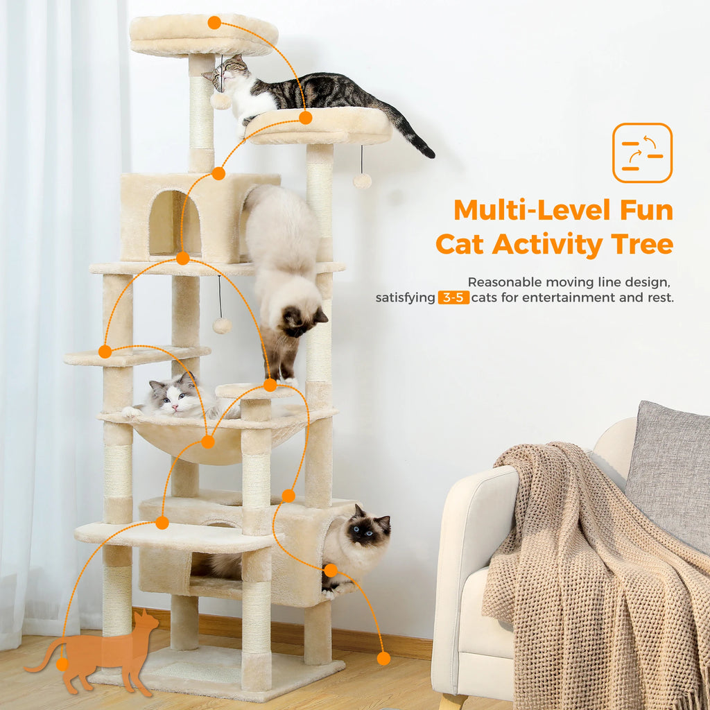 Deluxe 8-Level Multi-Cat Tree Tower with Spacious Hammock & Scratching Board (183cm)