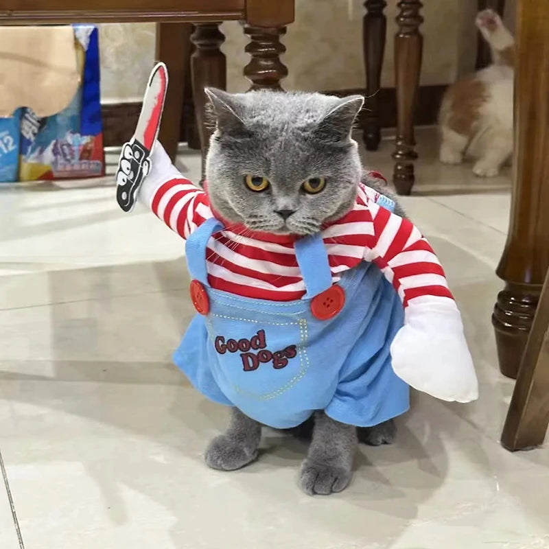 Funny Novelty Cat Halloween Chucky Cosplay Costume - Creative 3D Party Jumpsuit with Foam Prop