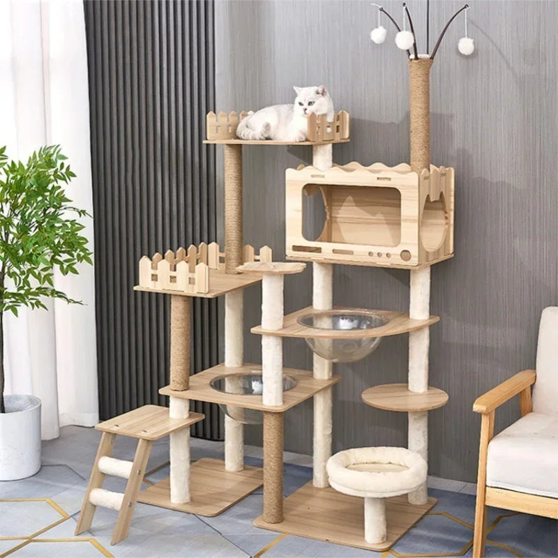 Modern Wooden Cat Tree Tower with Clear View Space Pod & Cozy Dual Condos