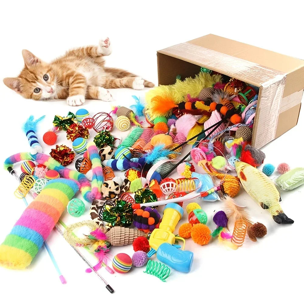 Multi-Pack Interactive Cat Toy Variety Bundle | Mixed Plastic Springs & Plush Toys Combo Set
