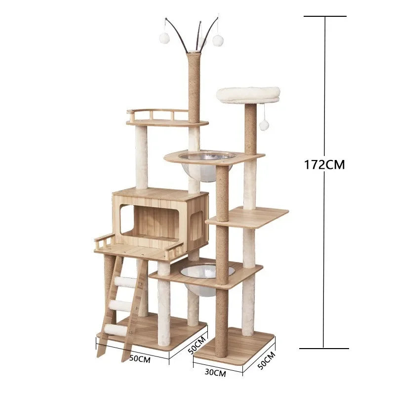 Modern Wooden Cat Tree Tower with Clear View Space Pod & Cozy Dual Condos