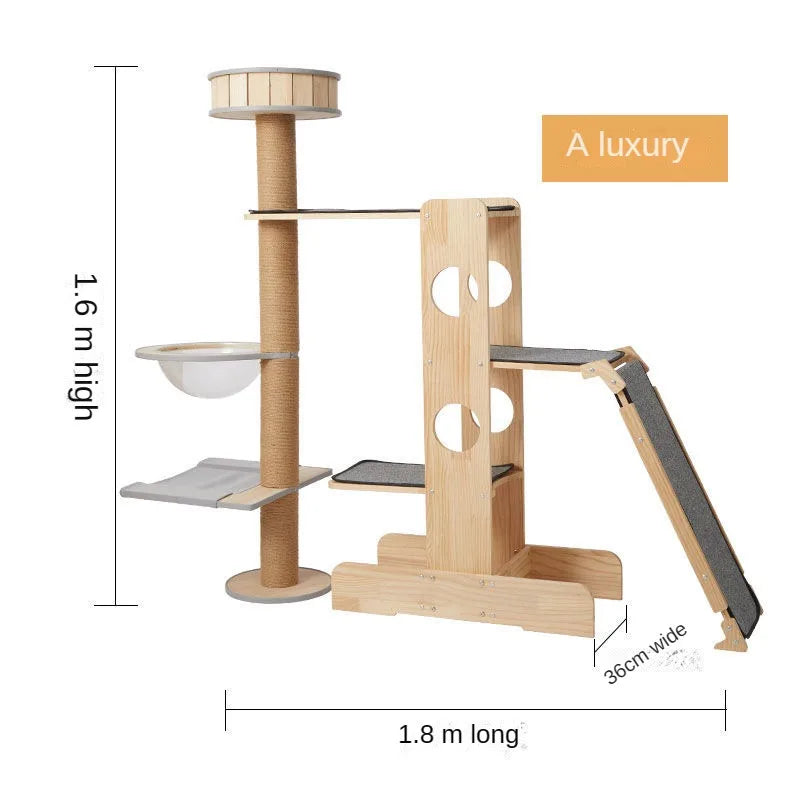 Deluxe 4-Tier Solid Wood Cat Castle Tower & Multifunctional Hammock Sanctuary