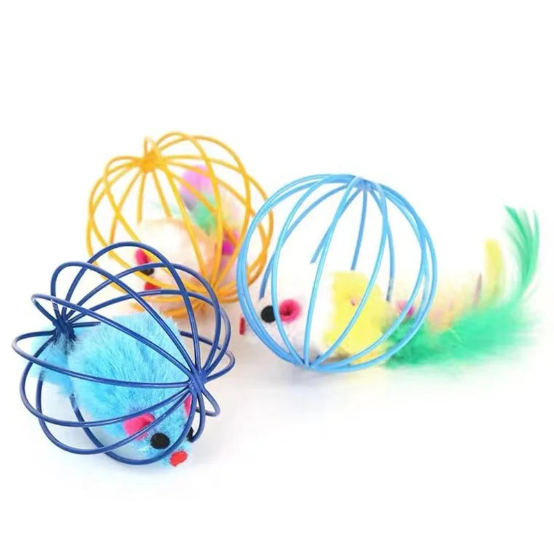 Interactive Metal Cage Rolling Mouse Toy | Erratic Chase Ball with Sand Sound Effects