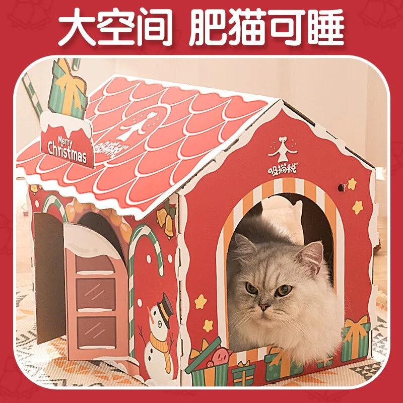 Christmas Cardboard Cat House & Scratching Board Nest