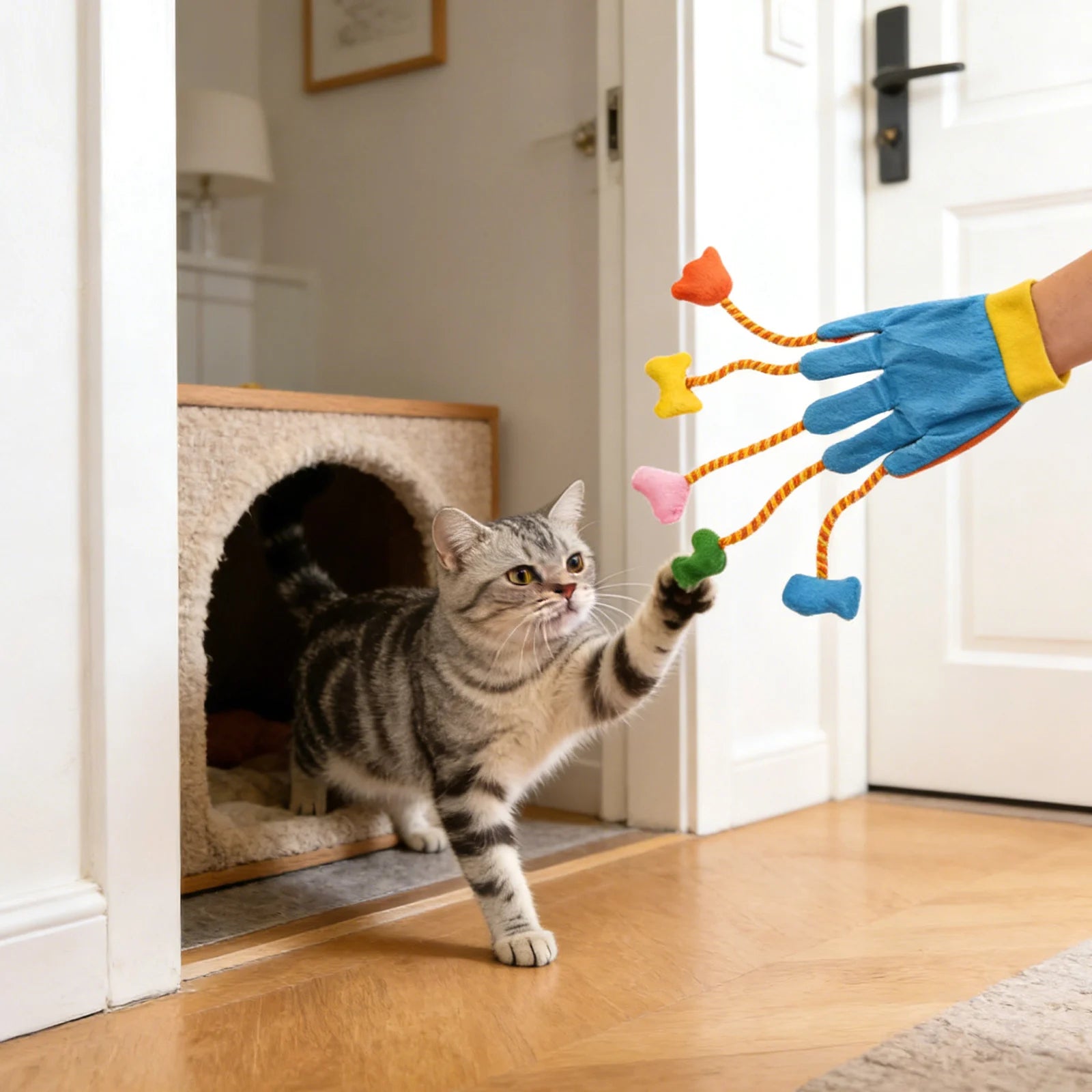 Interactive Five-Finger Plush Cat Teaser Mitt with Built-In Hunting Bell